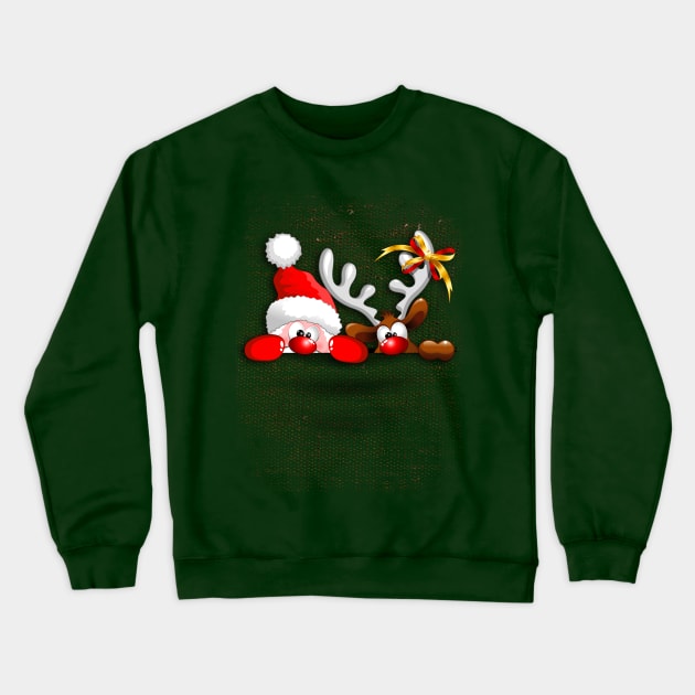 Funny Christmas Santa and Reindeer Cartoon Crewneck Sweatshirt by BluedarkArt